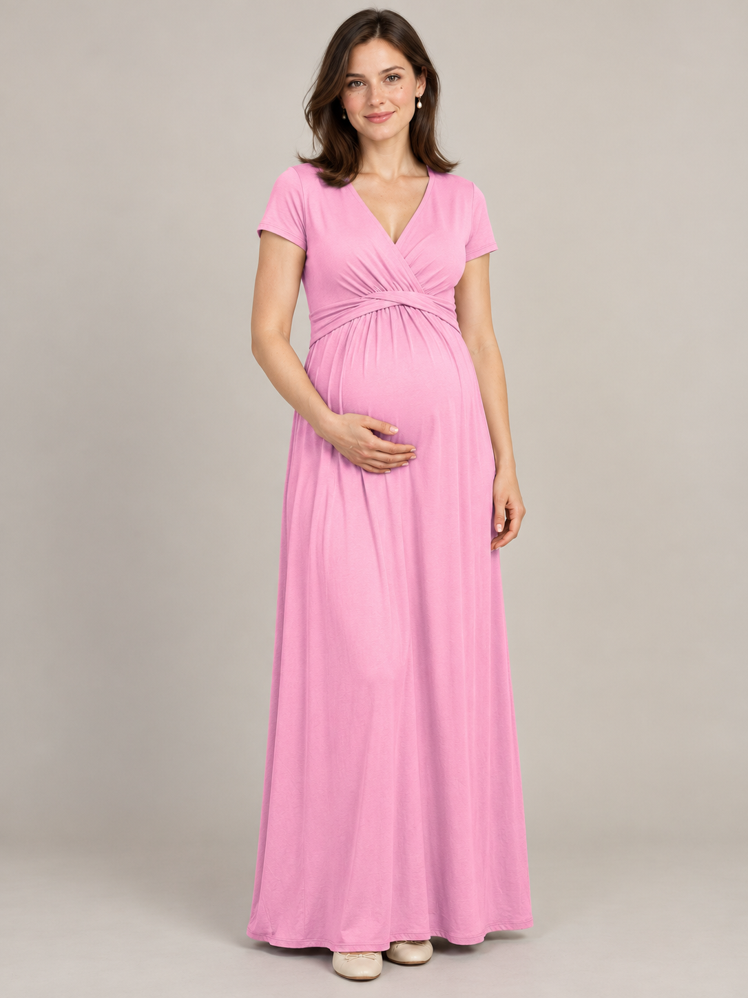 Lydia Rose maternity dress — front view with V-neck wrap bodice and flowing maxi skirt
