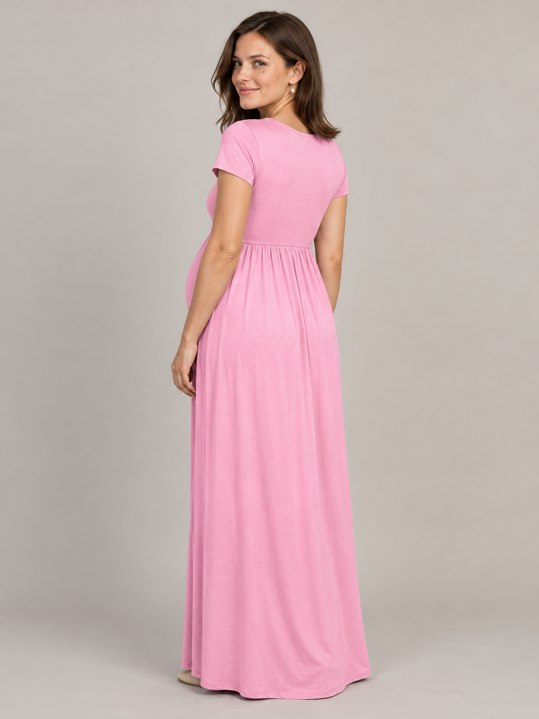 Lydia Rose maternity dress — back view of the plain gathered bodice and maxi skirt