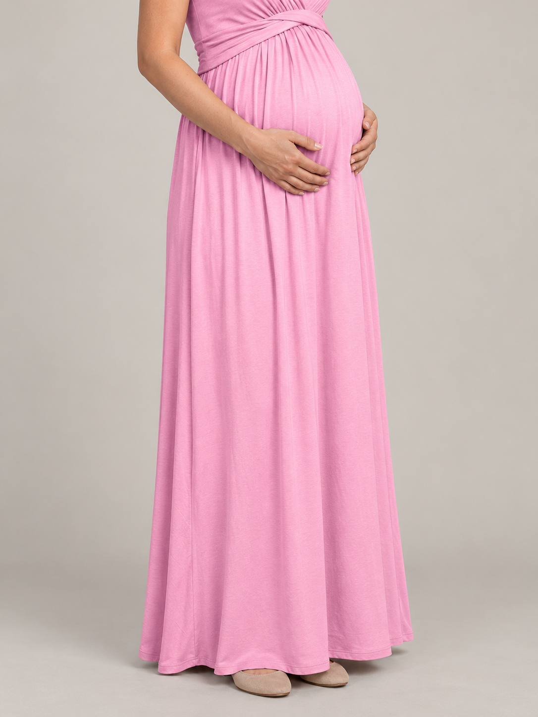 Lydia Rose maternity dress — gathered waist and bump close-up