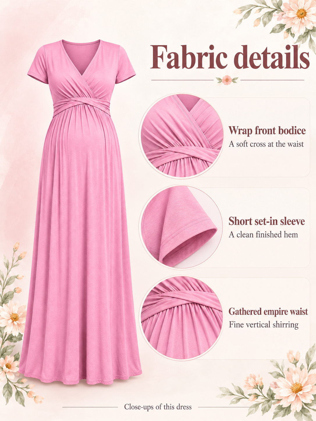 Lydia Rose maternity dress — material guide showing the wrap bodice, sleeve hem and gathered waist