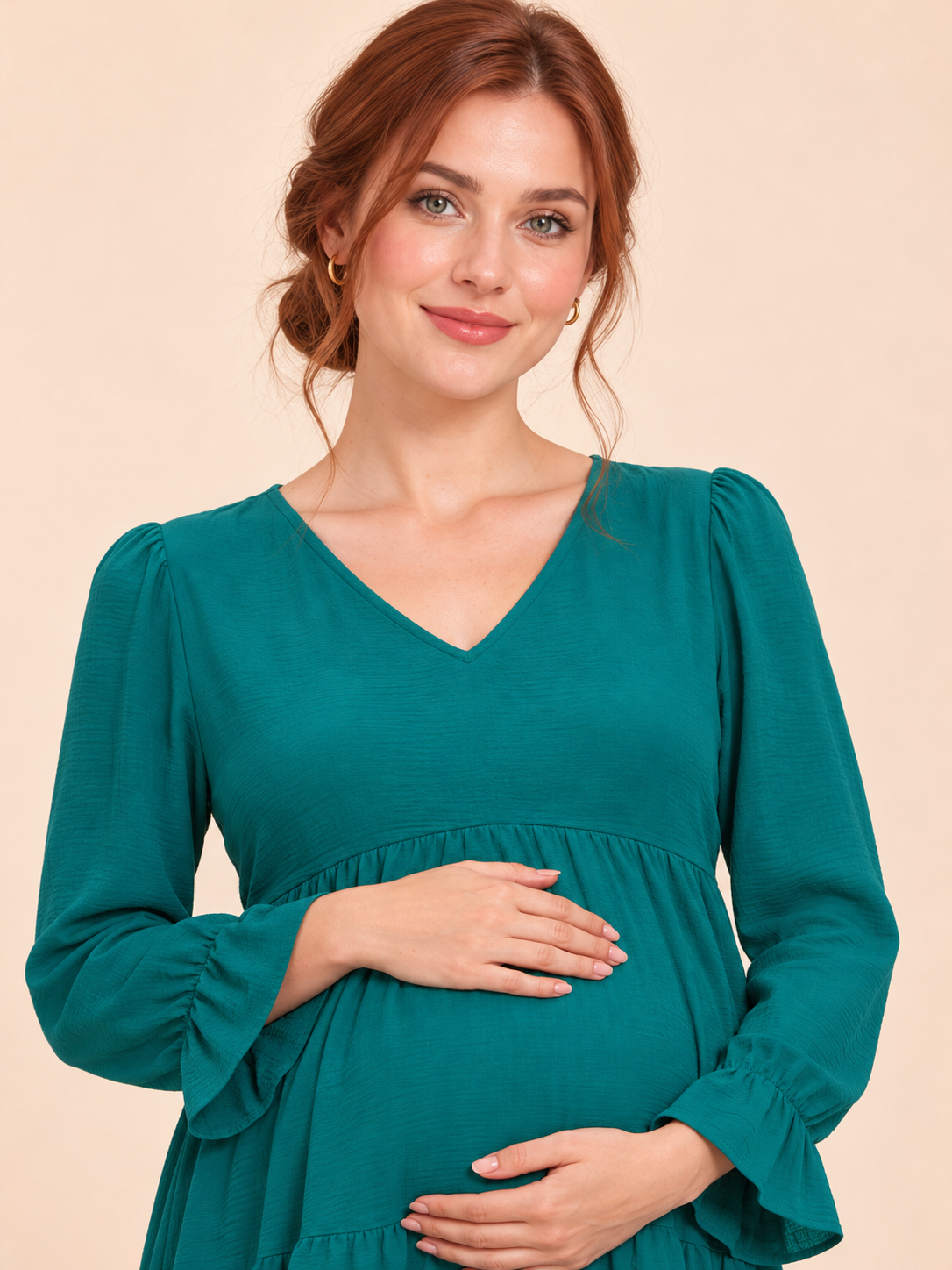 Mila Emerald maternity dress — V-neckline and bodice close-up