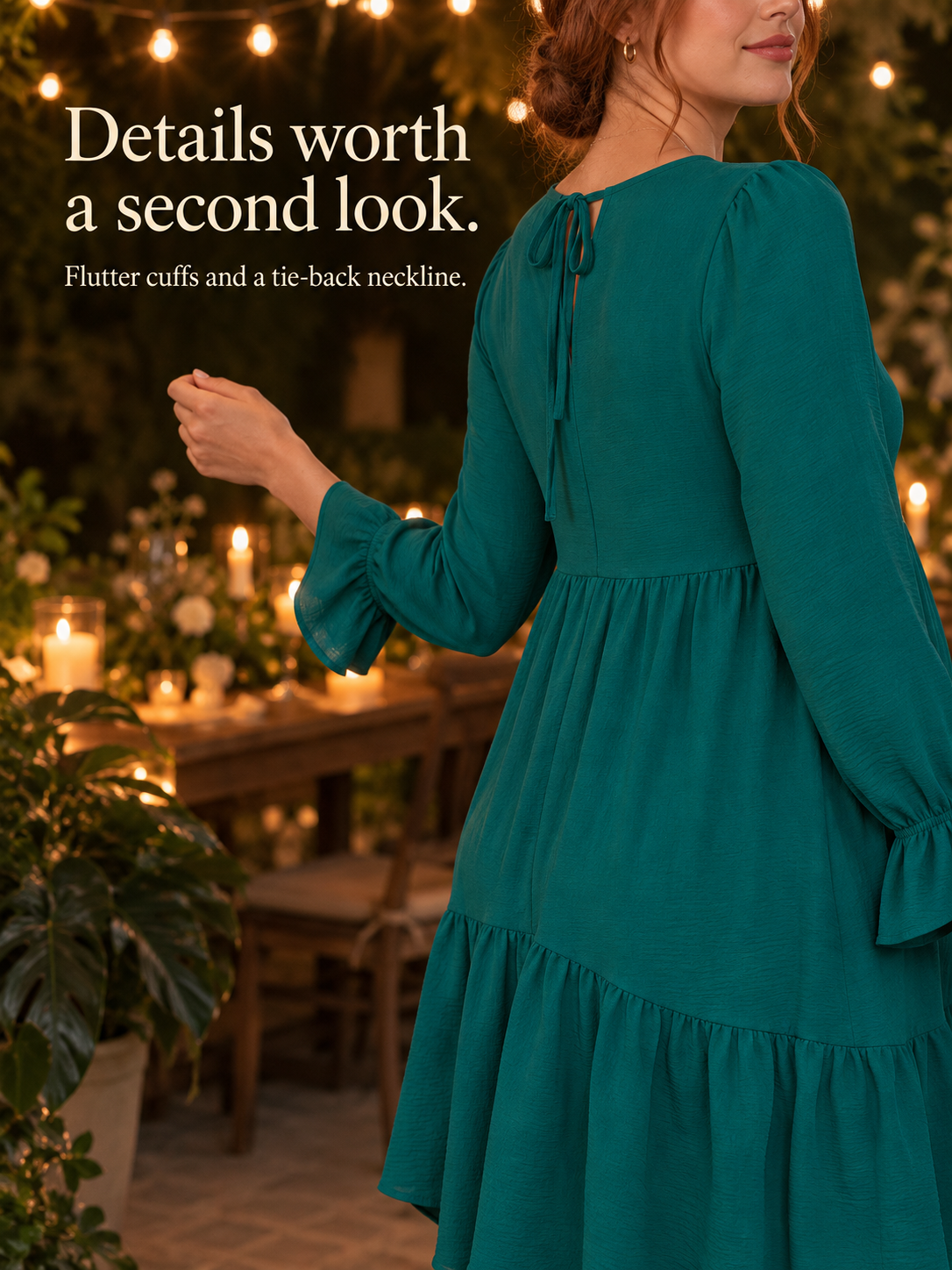 Mila Emerald maternity dress — standing with back to camera, showing the tie-back bow