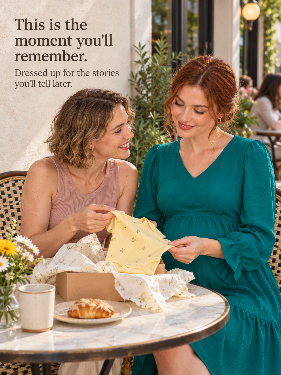Mila Emerald maternity dress — seated at a cafe table with friends, unwrapping a baby gift