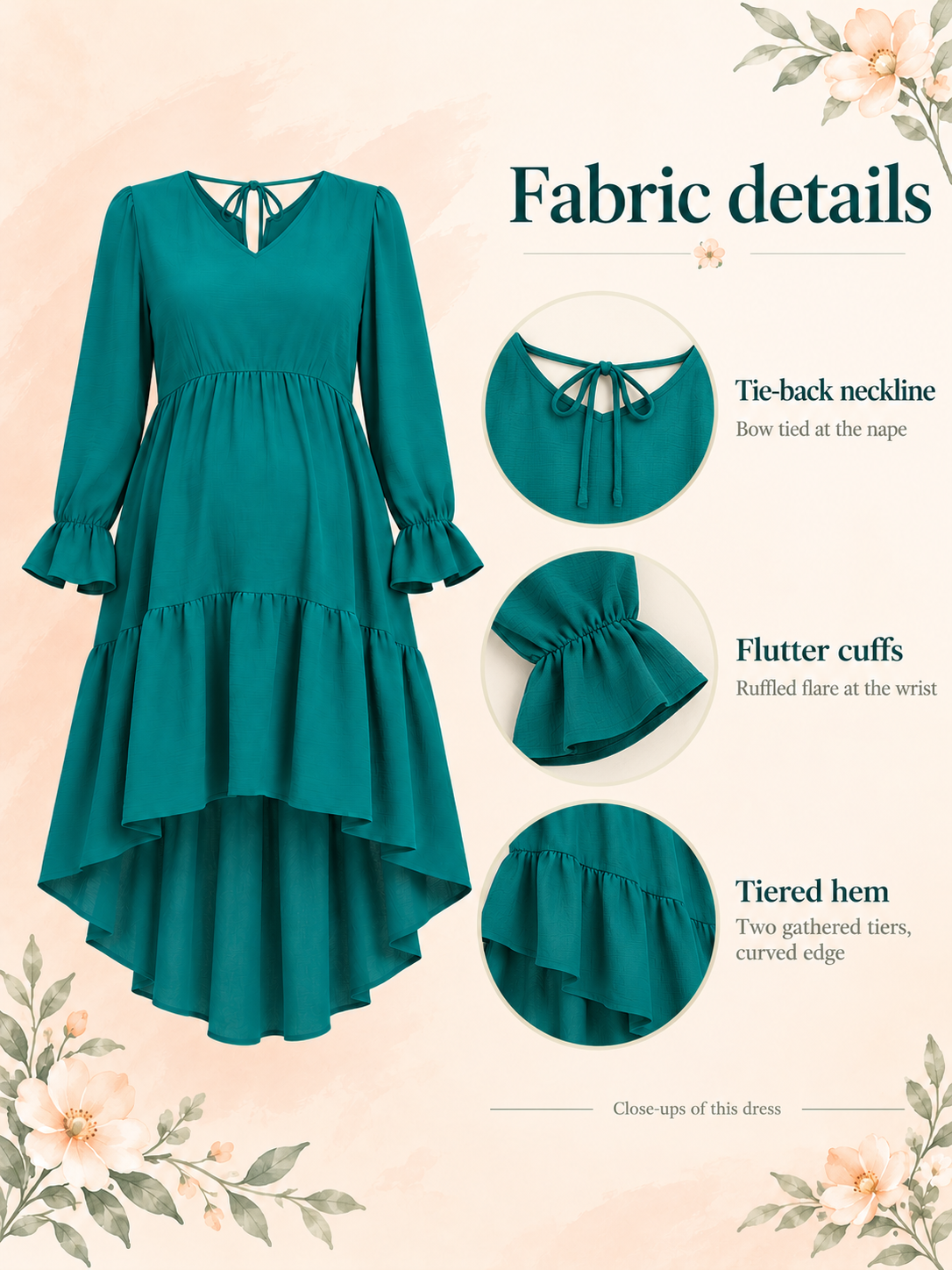 Mila Emerald maternity dress — material guide showing the woven fabric, tie-back neckline and flutter cuff
