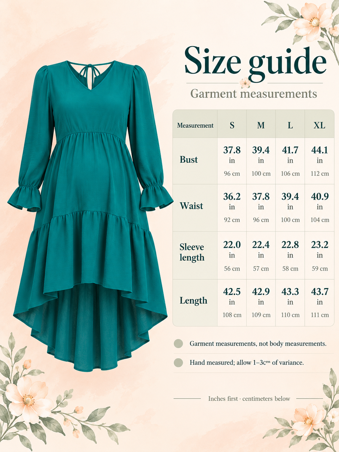 Mila Emerald maternity dress — size guide with S to XL garment measurements in inches and centimeters