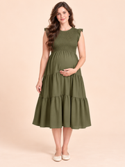 Lisette Olive Green maternity dress — front view with round neckline and tiered midi skirt