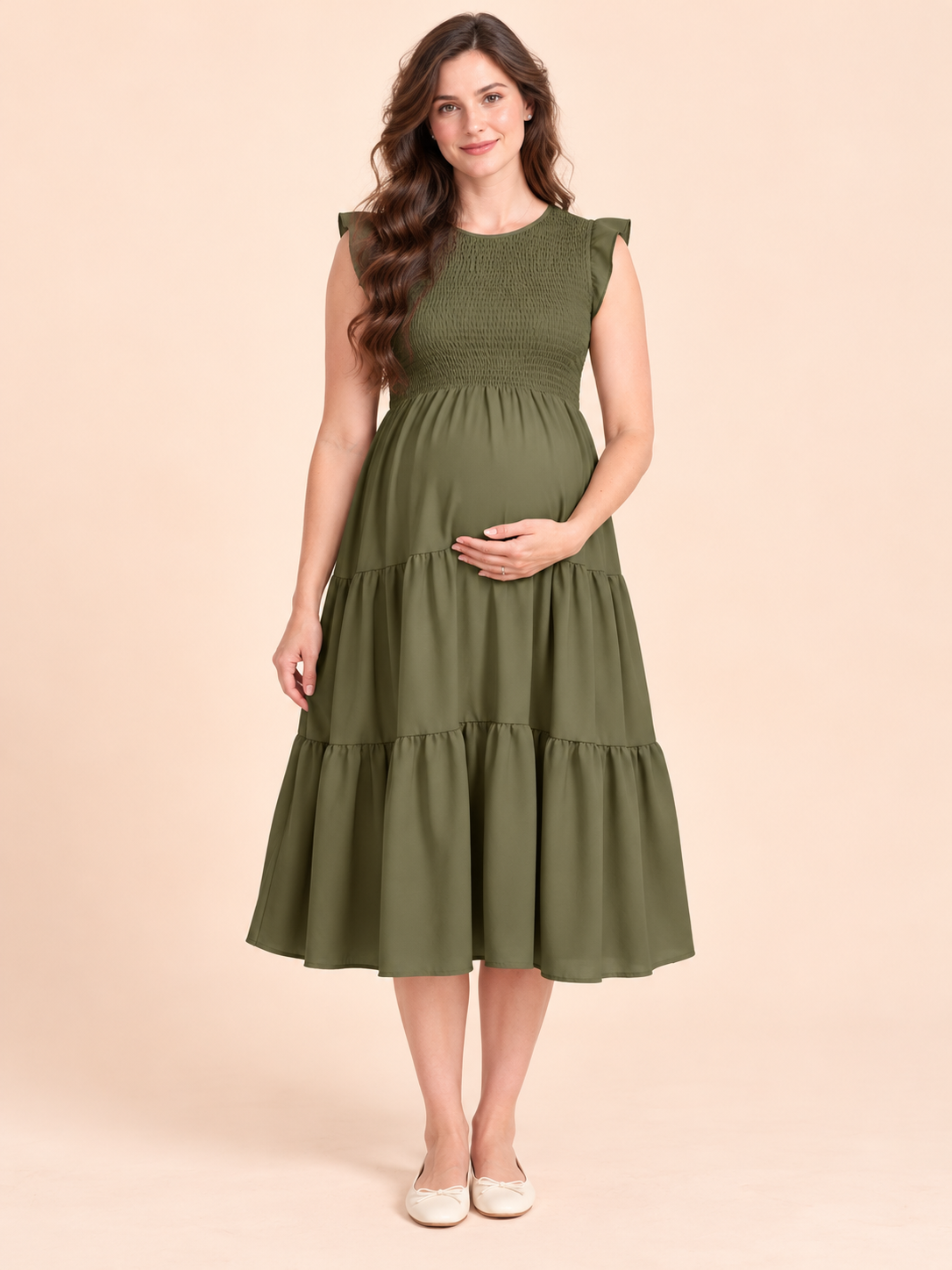 Lisette Olive Green maternity dress — front view with round neckline and tiered midi skirt