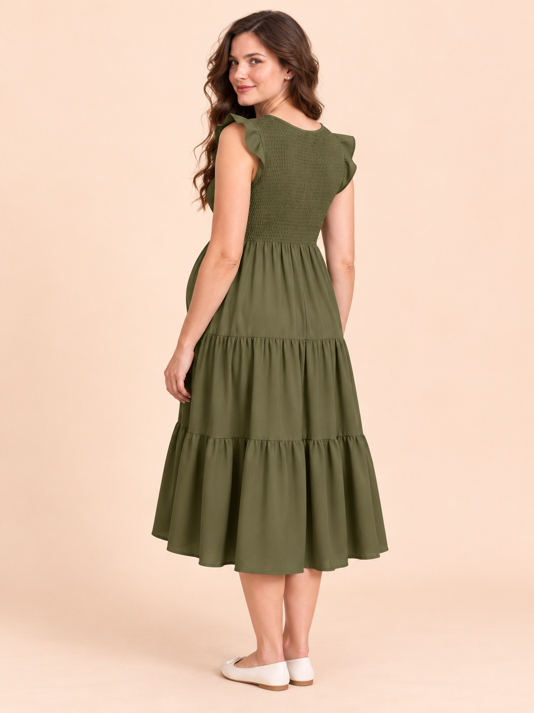 Lisette Olive Green maternity dress — back view with ruffled cap sleeves