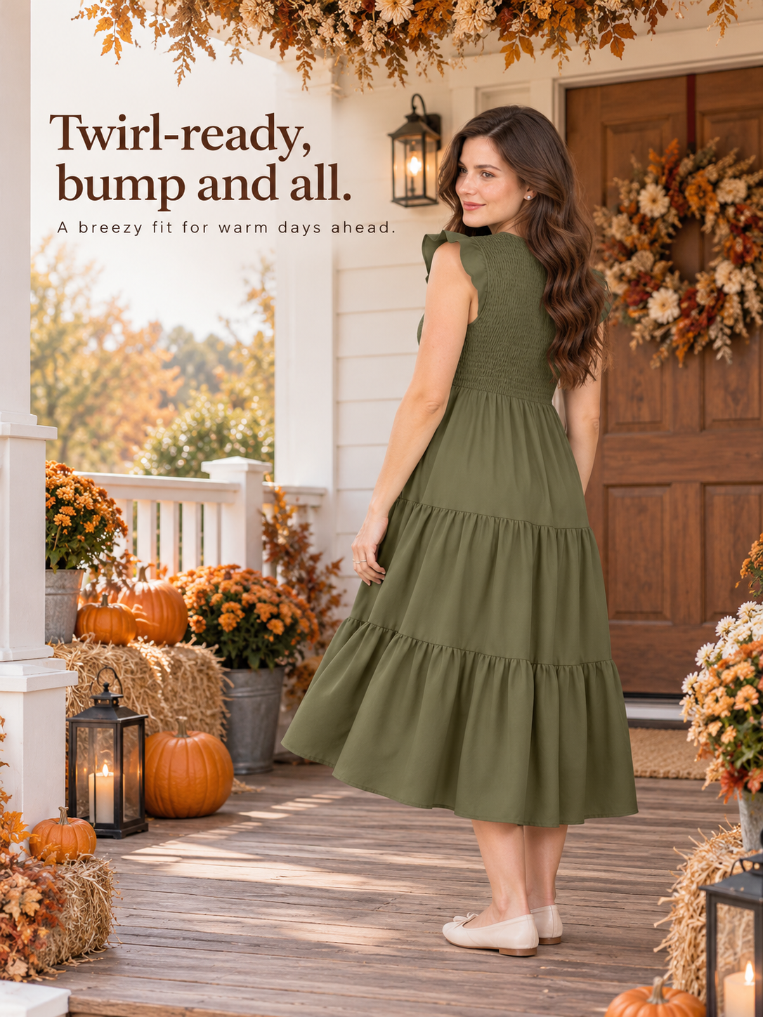 Lisette Olive Green maternity dress — standing at a front doorway decorated for a celebration