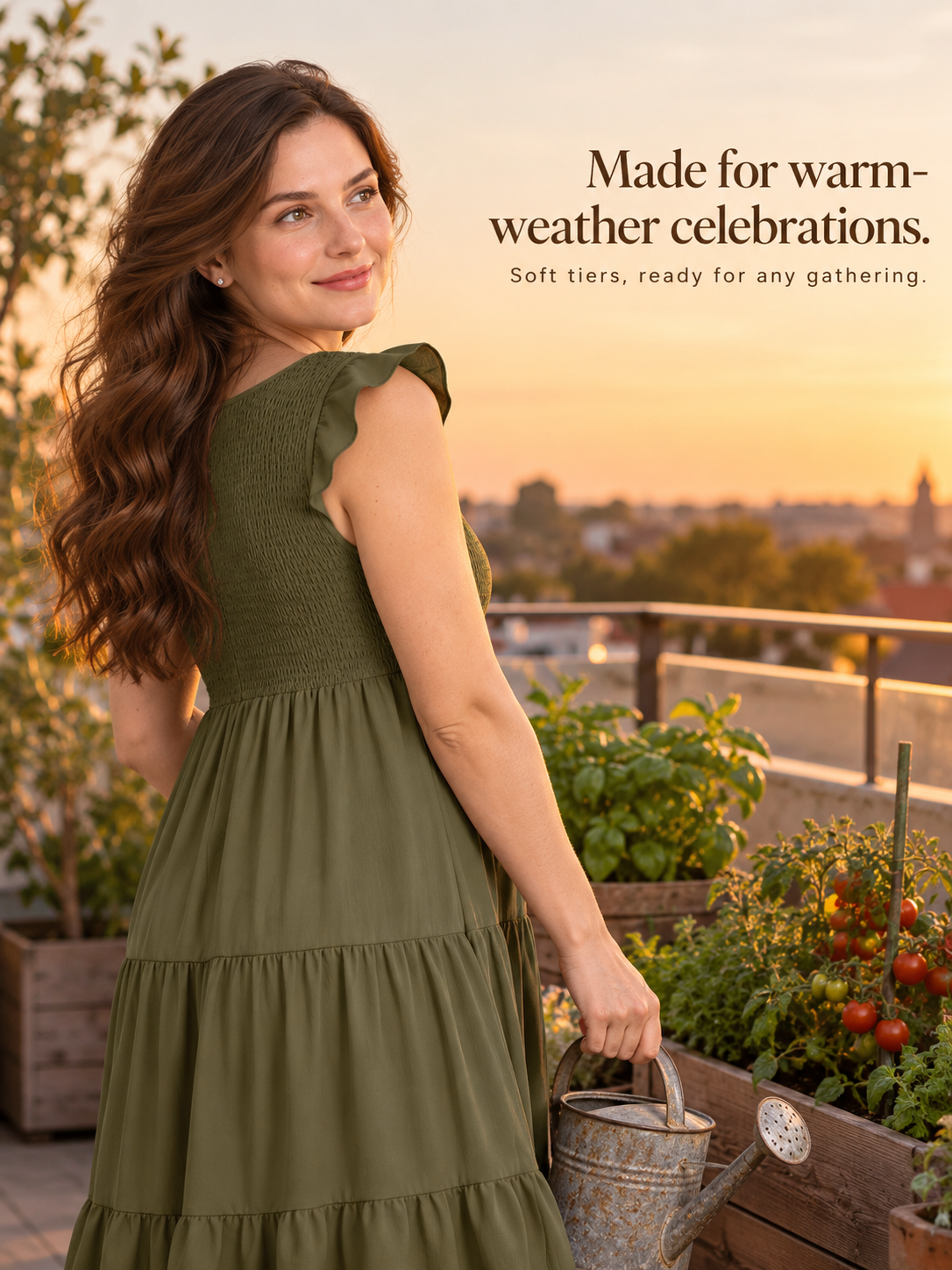 Lisette Olive Green maternity dress — standing outdoors at sunset holding a basket