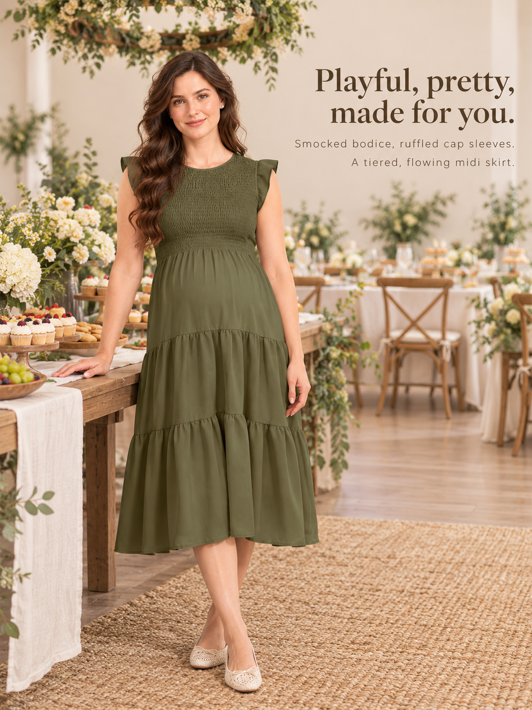 Lisette Olive Green maternity dress — standing at a table set for a garden celebration