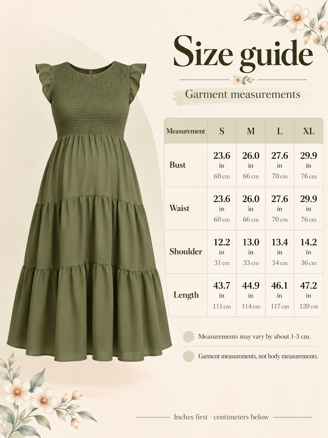Lisette Olive Green maternity dress — size guide with S to XL garment measurements in inches and centimeters