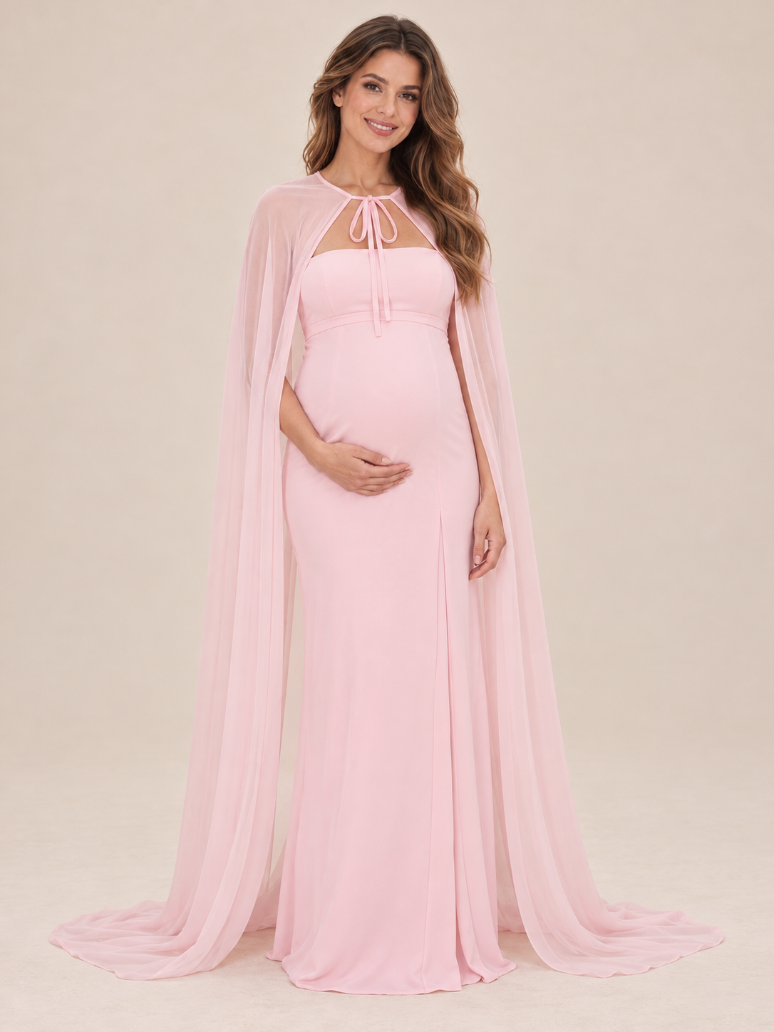 Rosamund Light Pink maternity dress — front view of the strapless fitted dress with tie-neck sheer cape