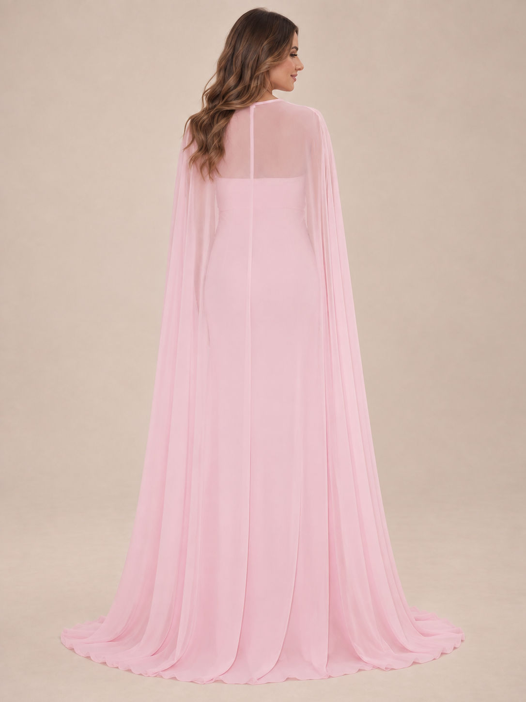Rosamund Light Pink maternity dress — back view of the sheer cape falling to a soft floor sweep