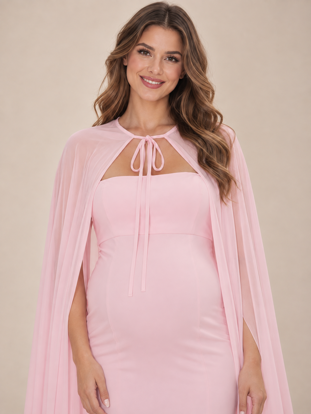 Rosamund Light Pink maternity dress — tie-neck cape and straight strapless neckline close-up