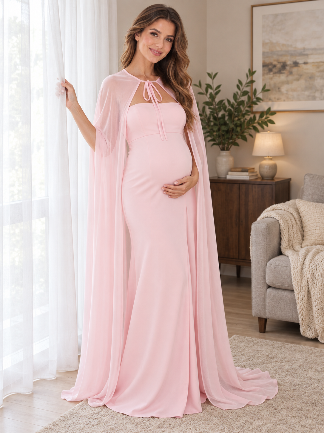 Rosamund Light Pink maternity dress — maternity keepsake portrait beside a sunlit window
