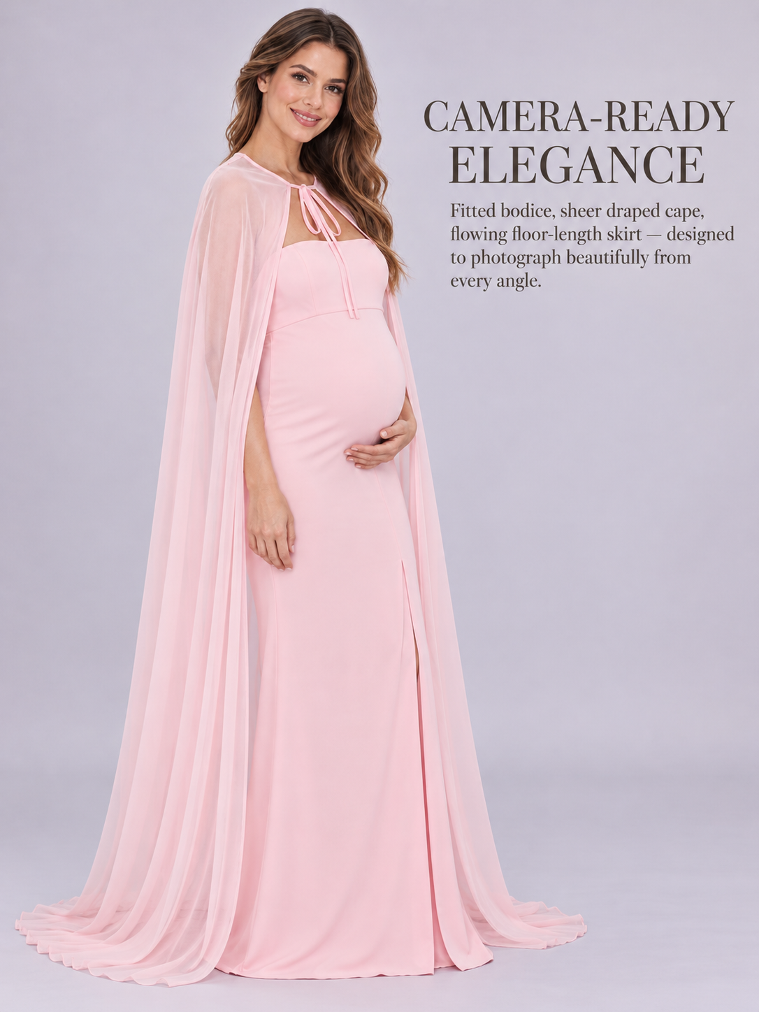 Rosamund Light Pink maternity dress — full-length cape and fitted silhouette in soft studio light