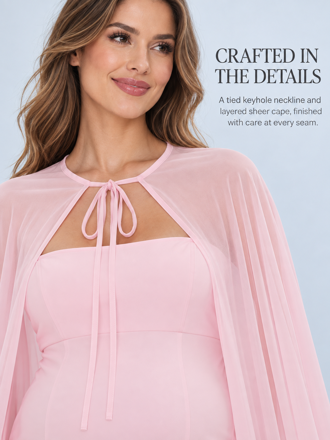 Rosamund Light Pink maternity dress — tie-neck keyhole opening and seamed bodice detail