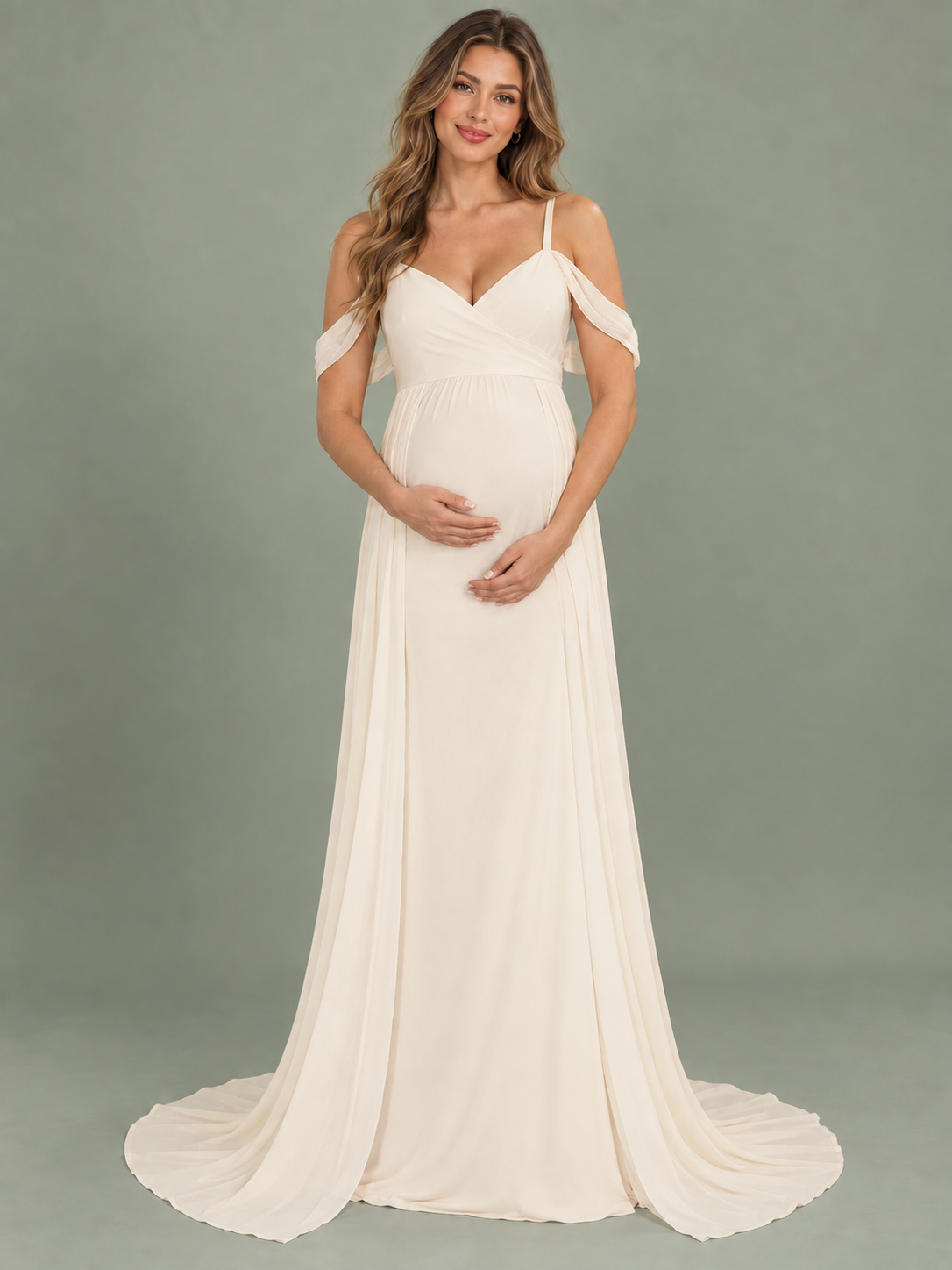 Genevieve Ivory maternity dress — front view with crossover V-neck, off-shoulder drapes and sweep train