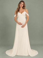 Genevieve Ivory maternity dress — front view with crossover V-neck, off-shoulder drapes and sweep train