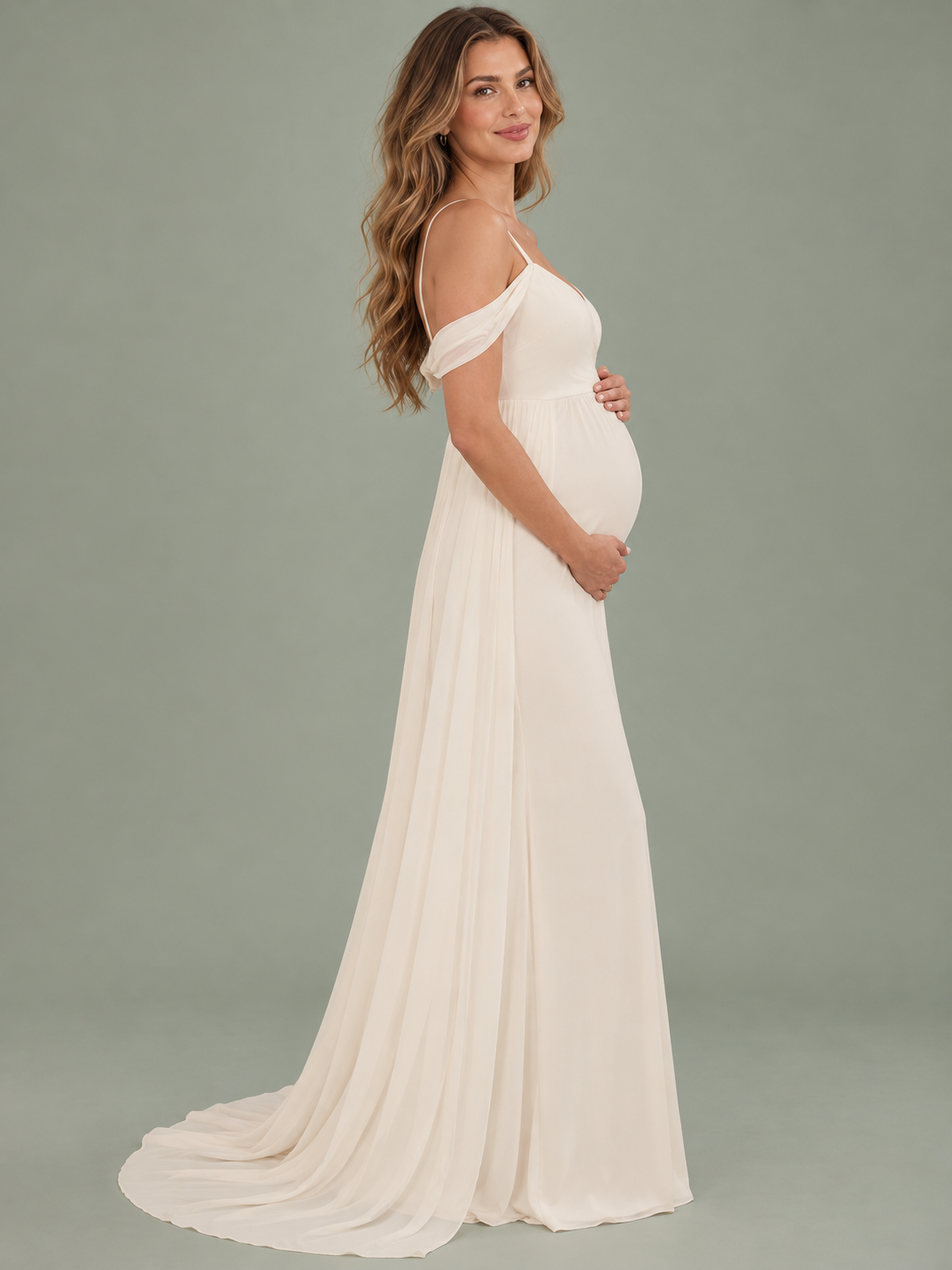 Genevieve Ivory maternity dress — side view of the high waist and sweep train