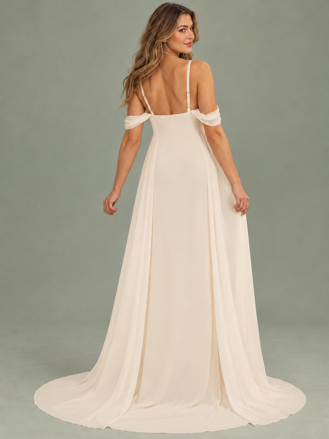 Genevieve Ivory maternity dress — back view of the low back, thin straps and train