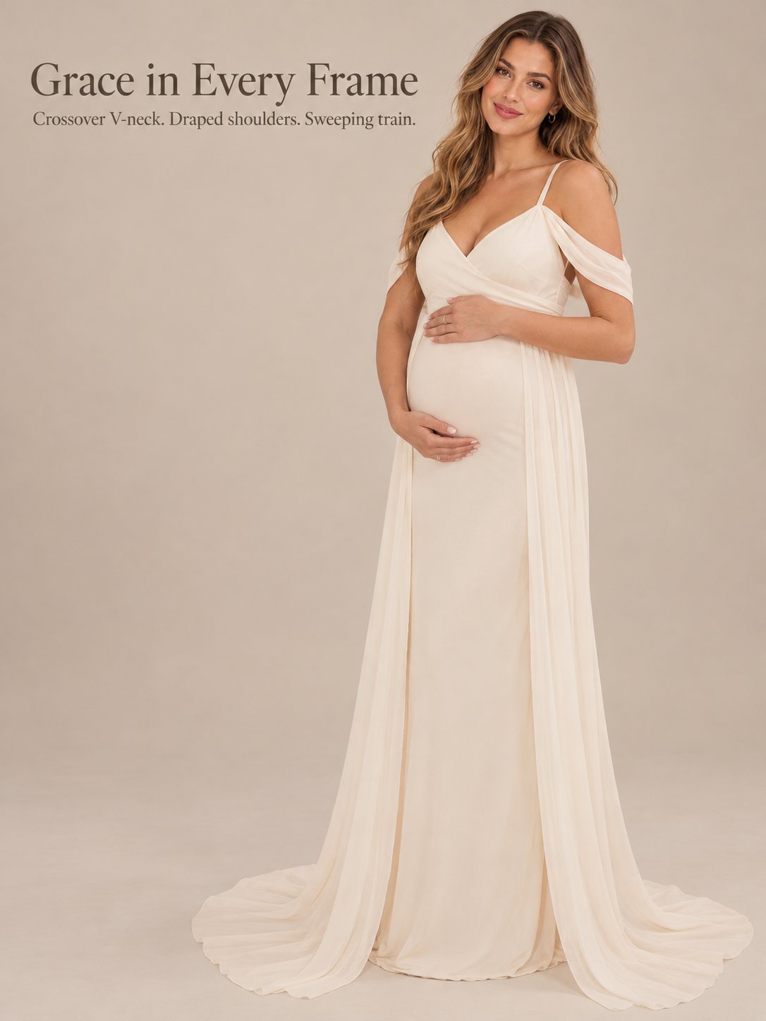 Genevieve Ivory maternity dress — full silhouette with sweep train in a studio portrait