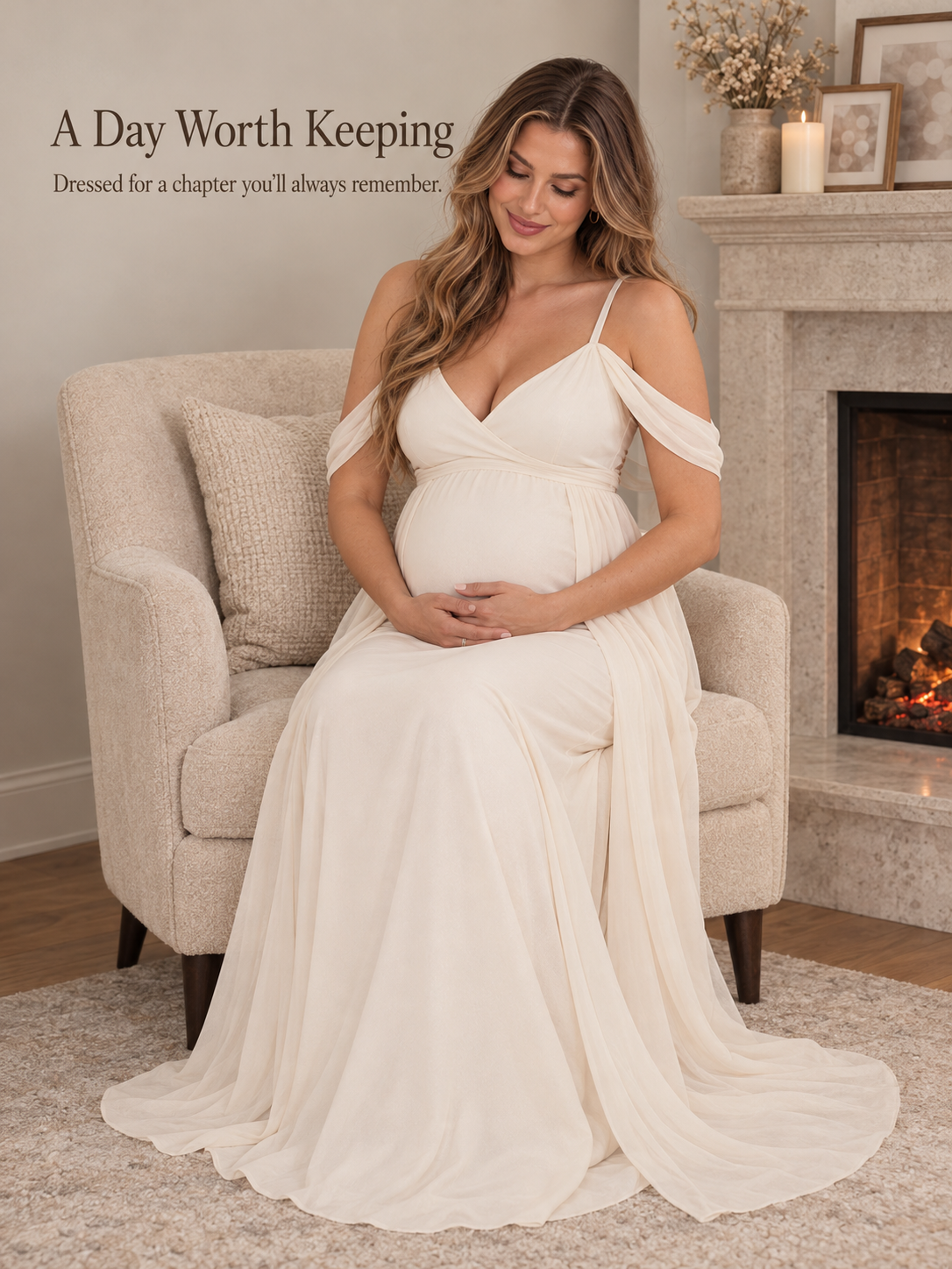 Genevieve Ivory maternity dress — seated by the fireplace with the train around her feet