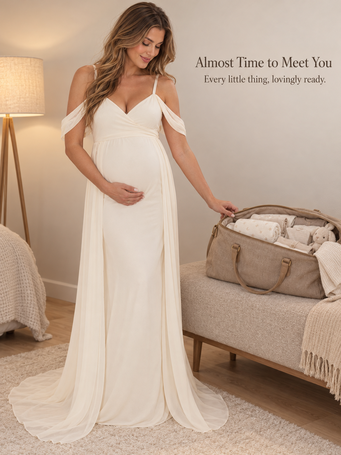Genevieve Ivory maternity dress — packing a bag with baby essentials at home