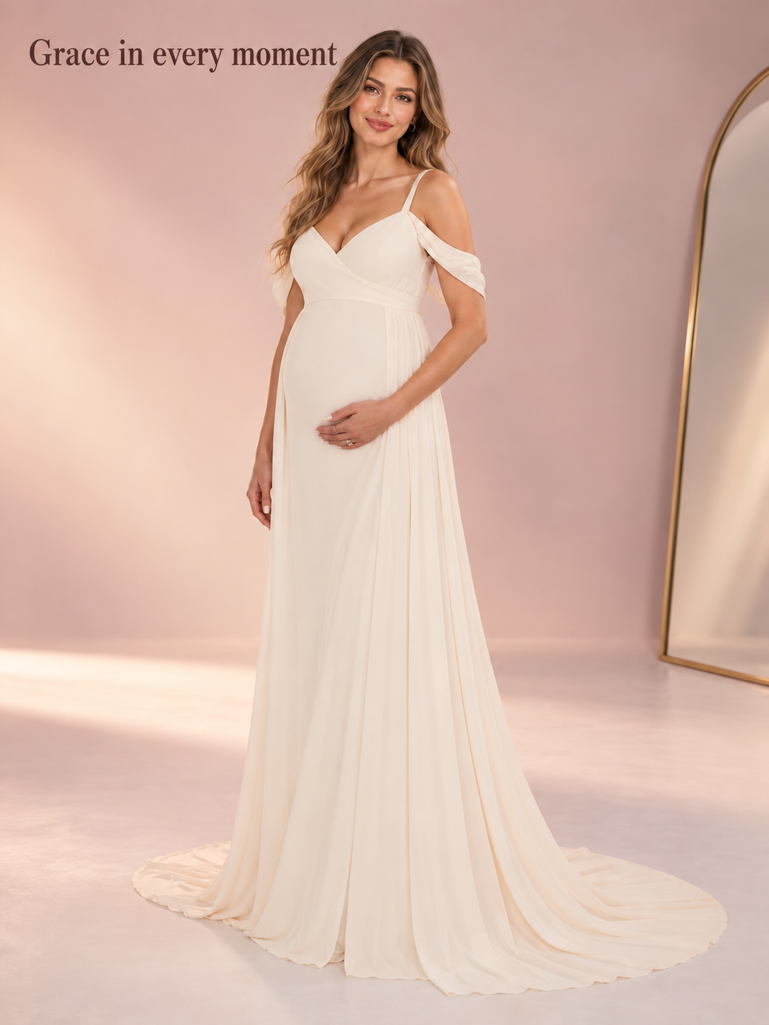 Genevieve Ivory maternity dress — BabyShowerDress brand portrait beside an arched mirror