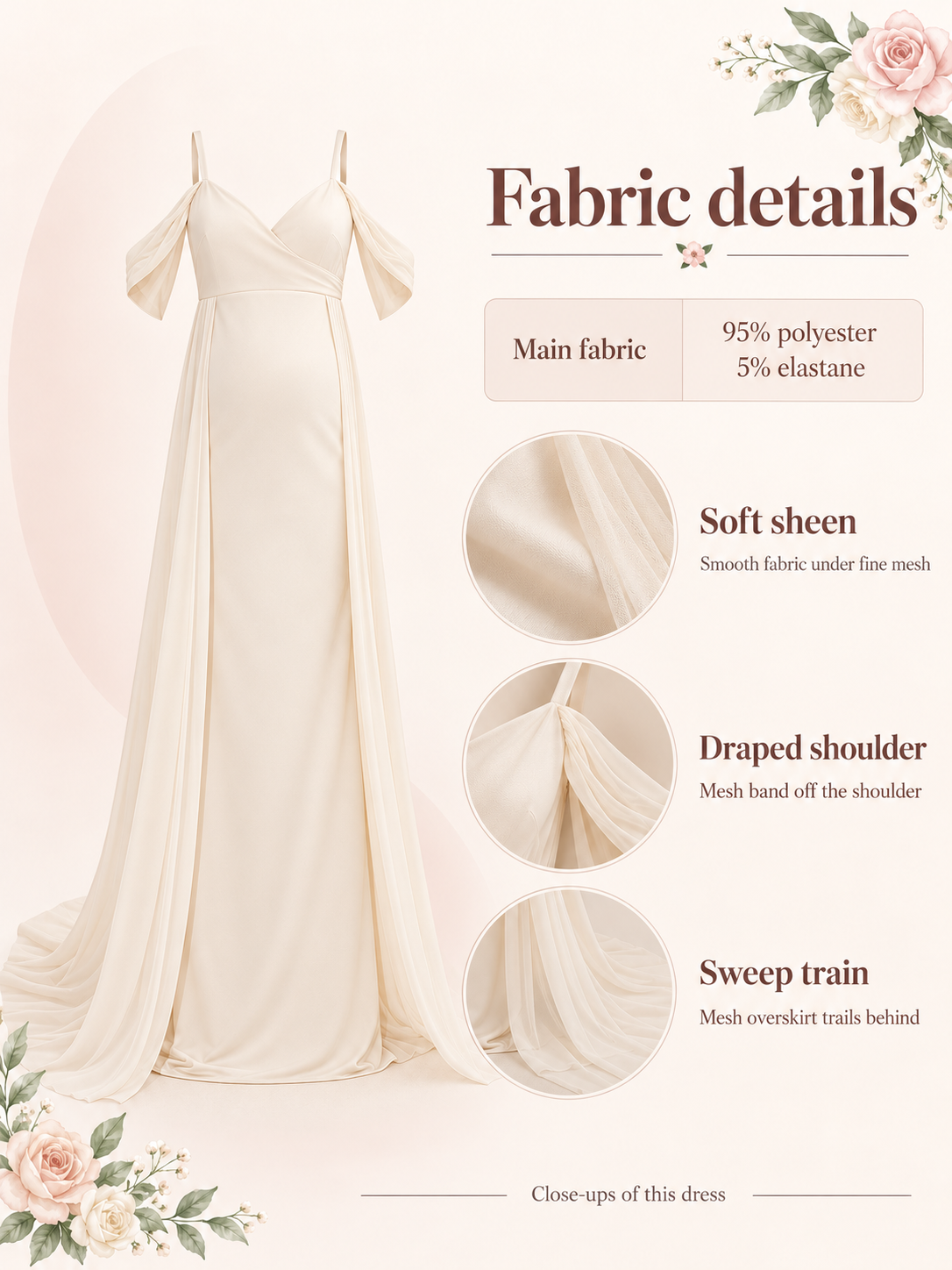 Genevieve Ivory maternity dress — material guide showing the soft sheen fabric, mesh overskirt and draped shoulders