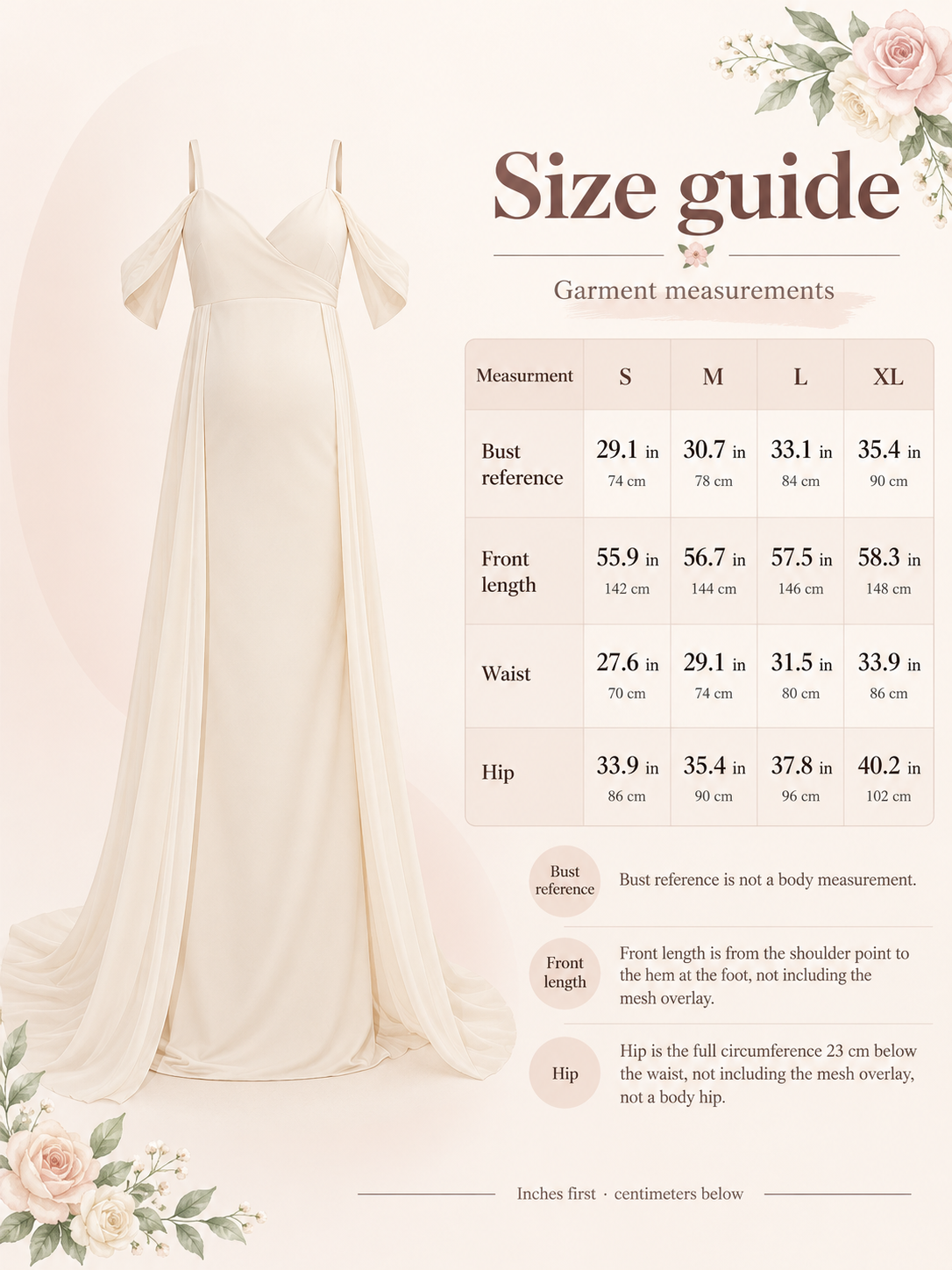 Genevieve Ivory maternity dress — size guide with S to XL garment measurements in inches and centimeters