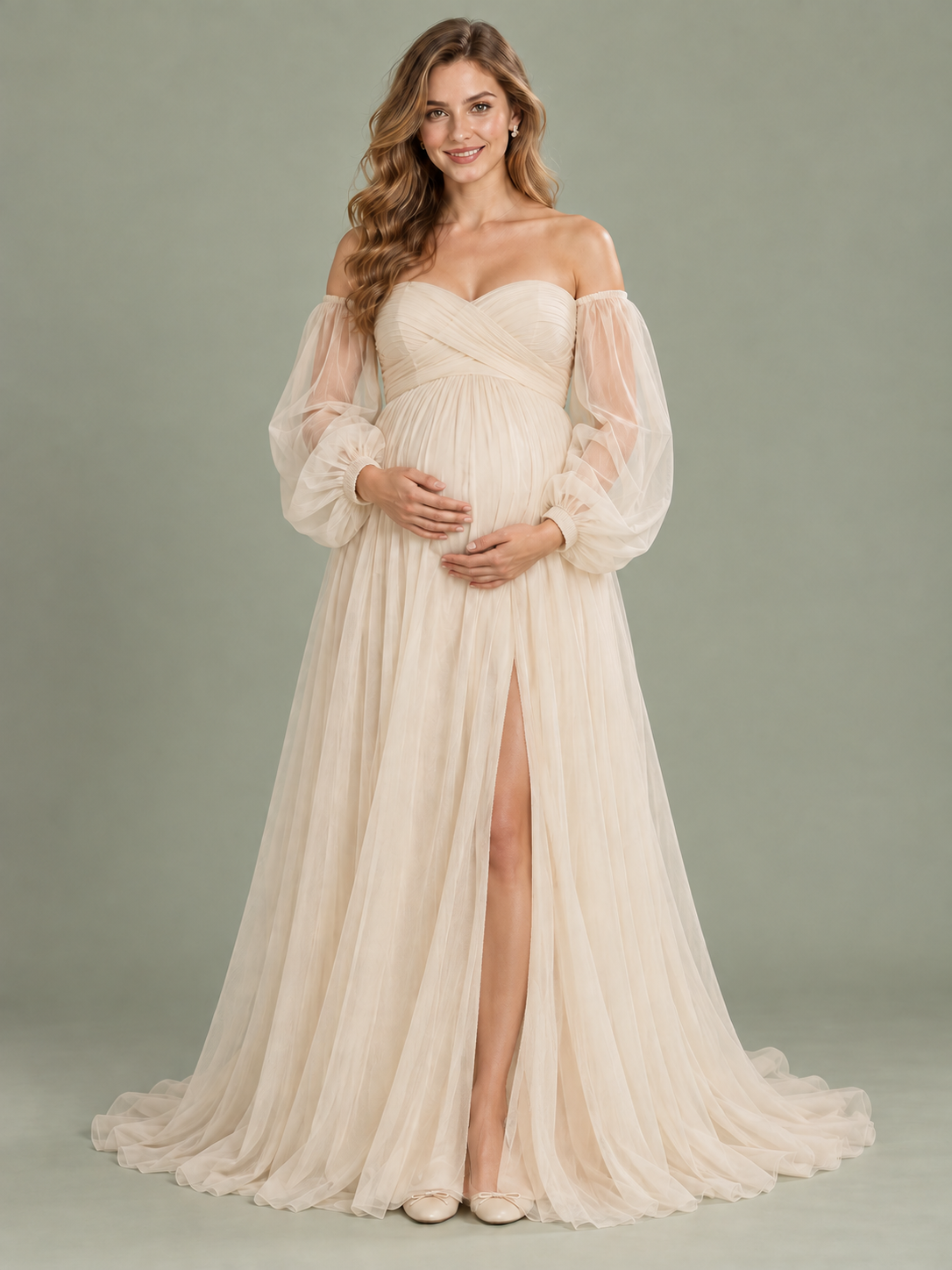 Anouk Champagne maternity dress — front view with off-shoulder wrap bodice, sheer sleeves and high-slit tulle skirt