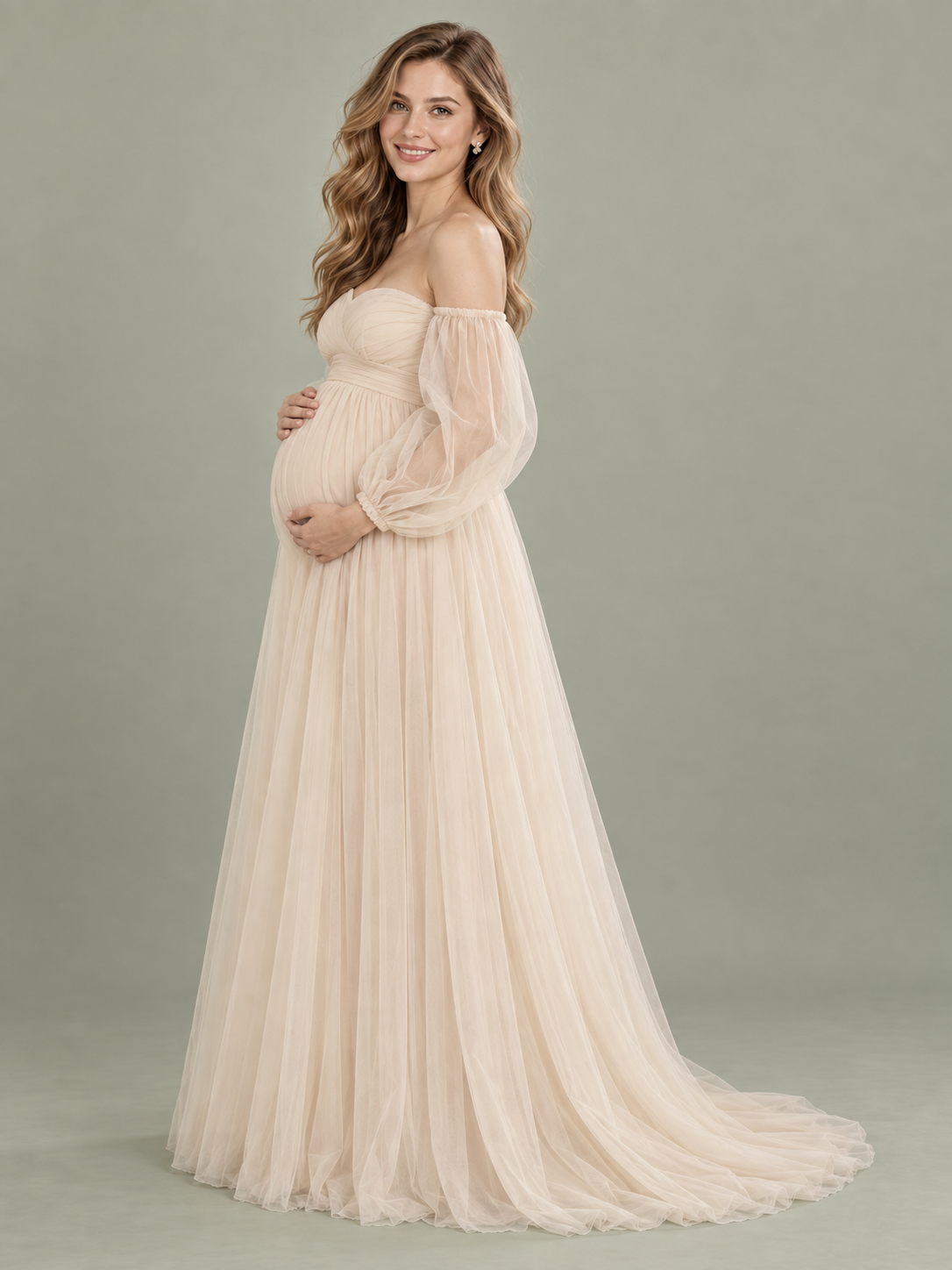 Anouk Champagne maternity dress — side view of the empire waist, maternity silhouette and train