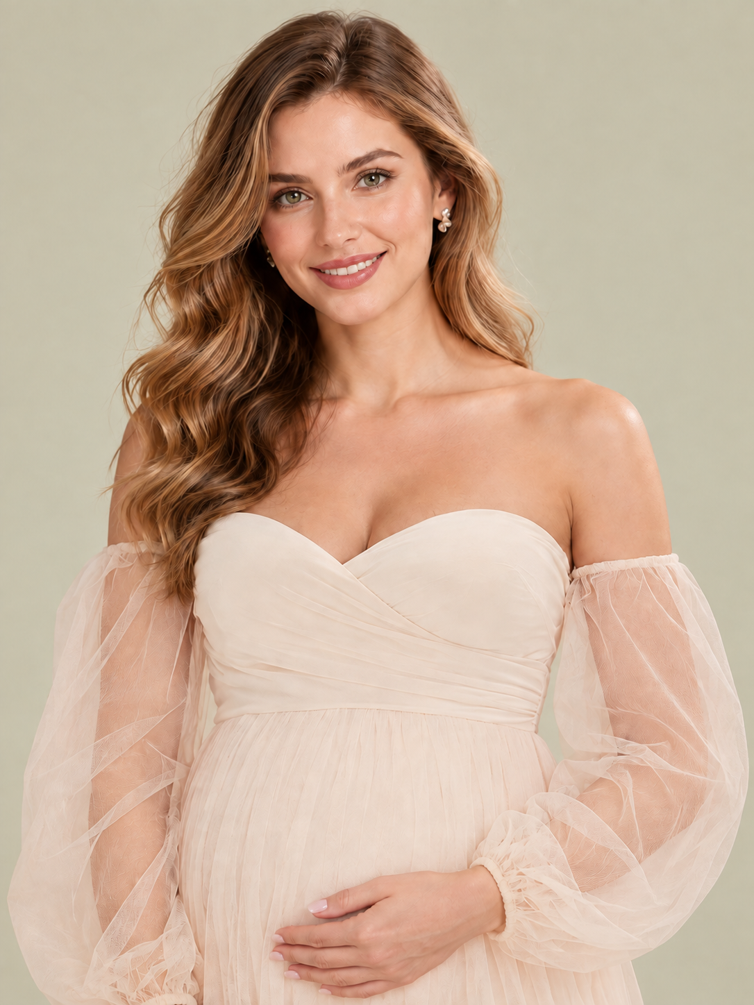 Anouk Champagne maternity dress — sweetheart neckline and crossover wrap bodice close-up