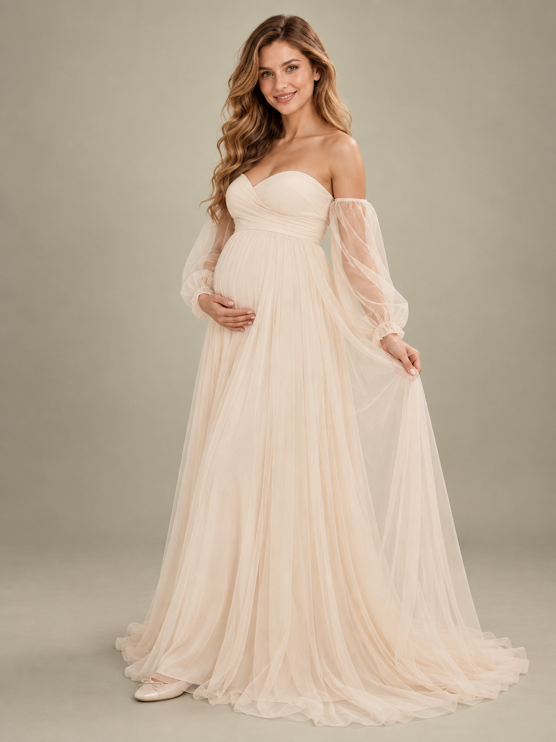 Anouk Champagne maternity dress — layered tulle skirt held out to show the train