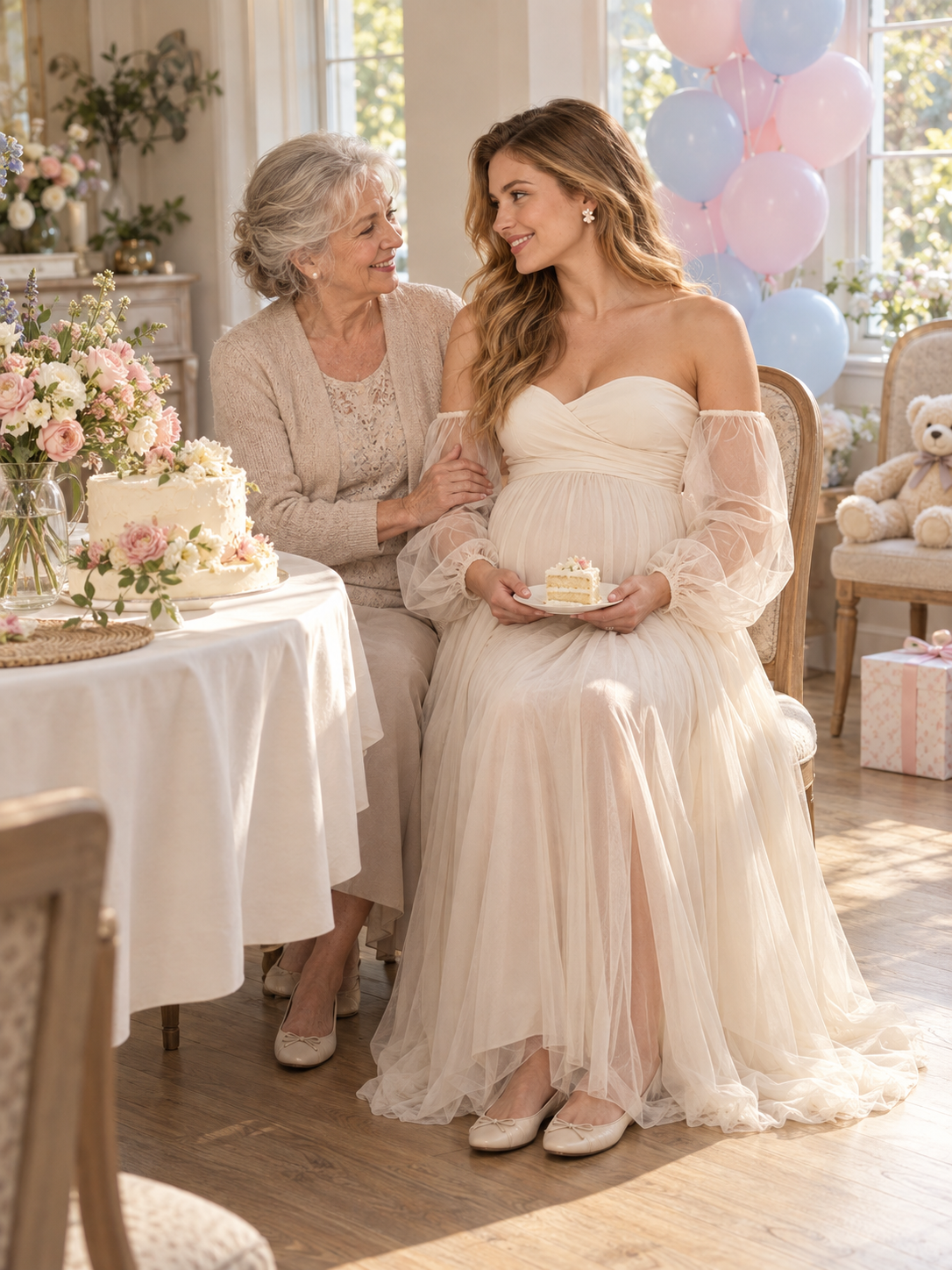 Anouk Champagne maternity dress — sharing cake with an older loved one at a baby shower