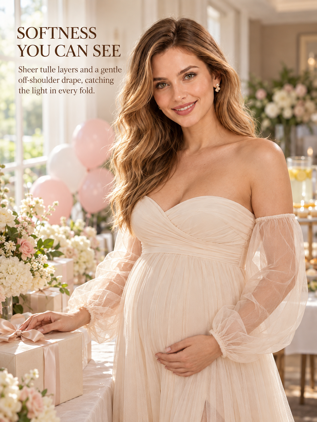 Anouk Champagne maternity dress — sheer tulle sleeves and wrap bodice in soft window light