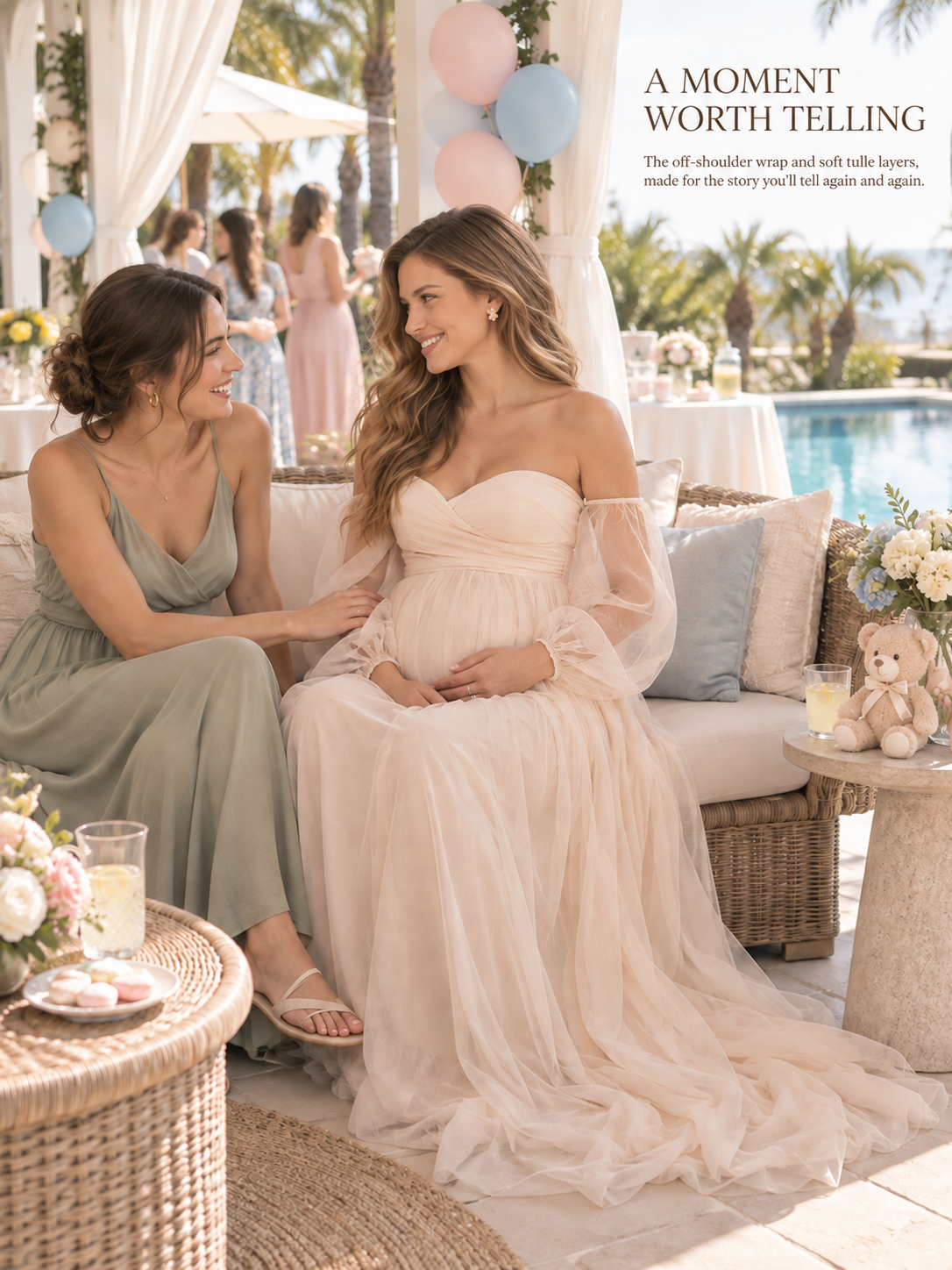 Anouk Champagne maternity dress — laughing with a friend at a poolside baby shower