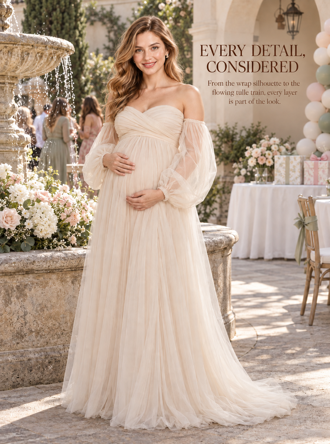 Anouk Champagne maternity dress — standing by a courtyard fountain at a garden celebration