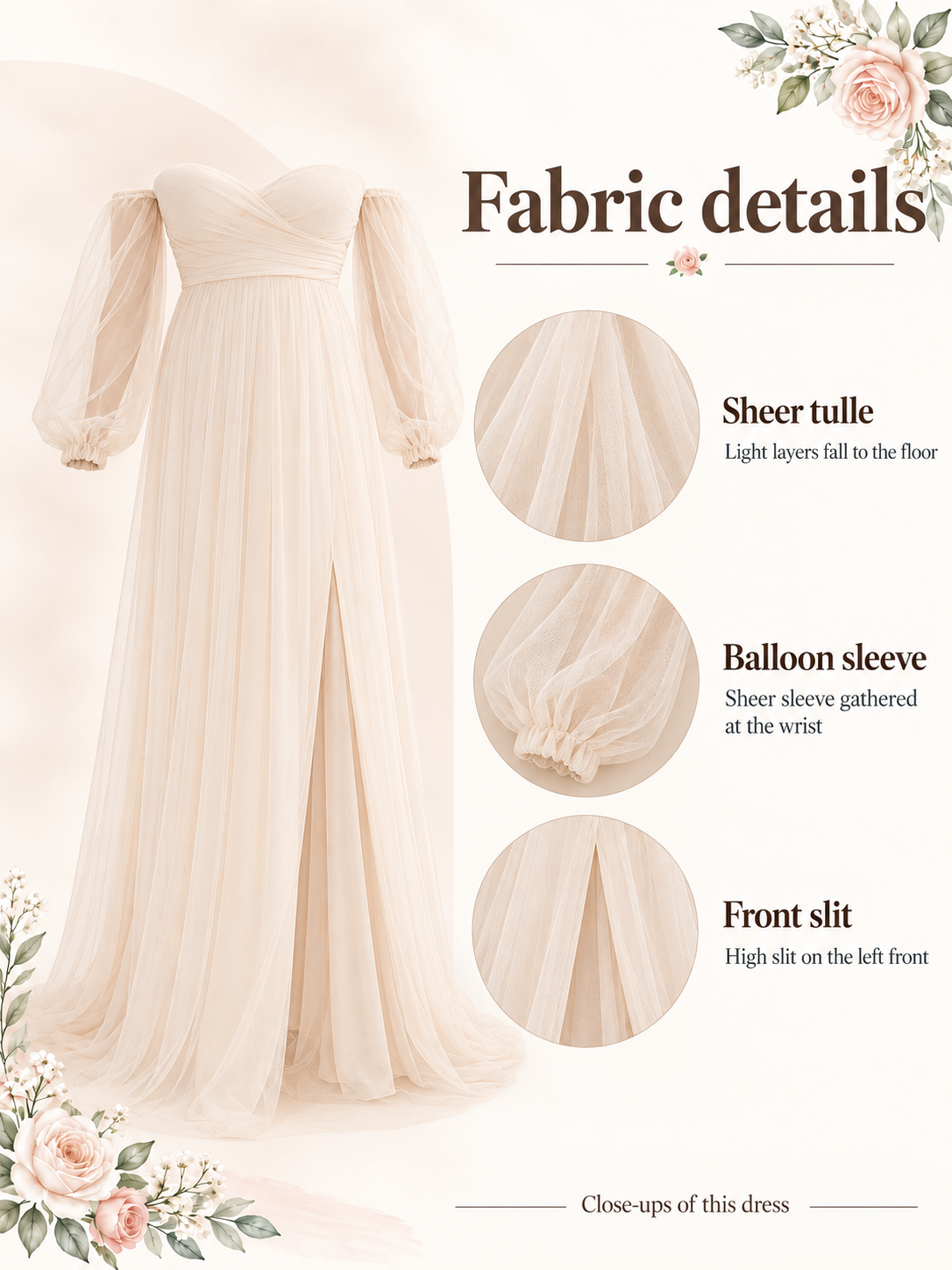 Anouk Champagne maternity dress — material guide showing the sheer tulle, balloon sleeve and front slit