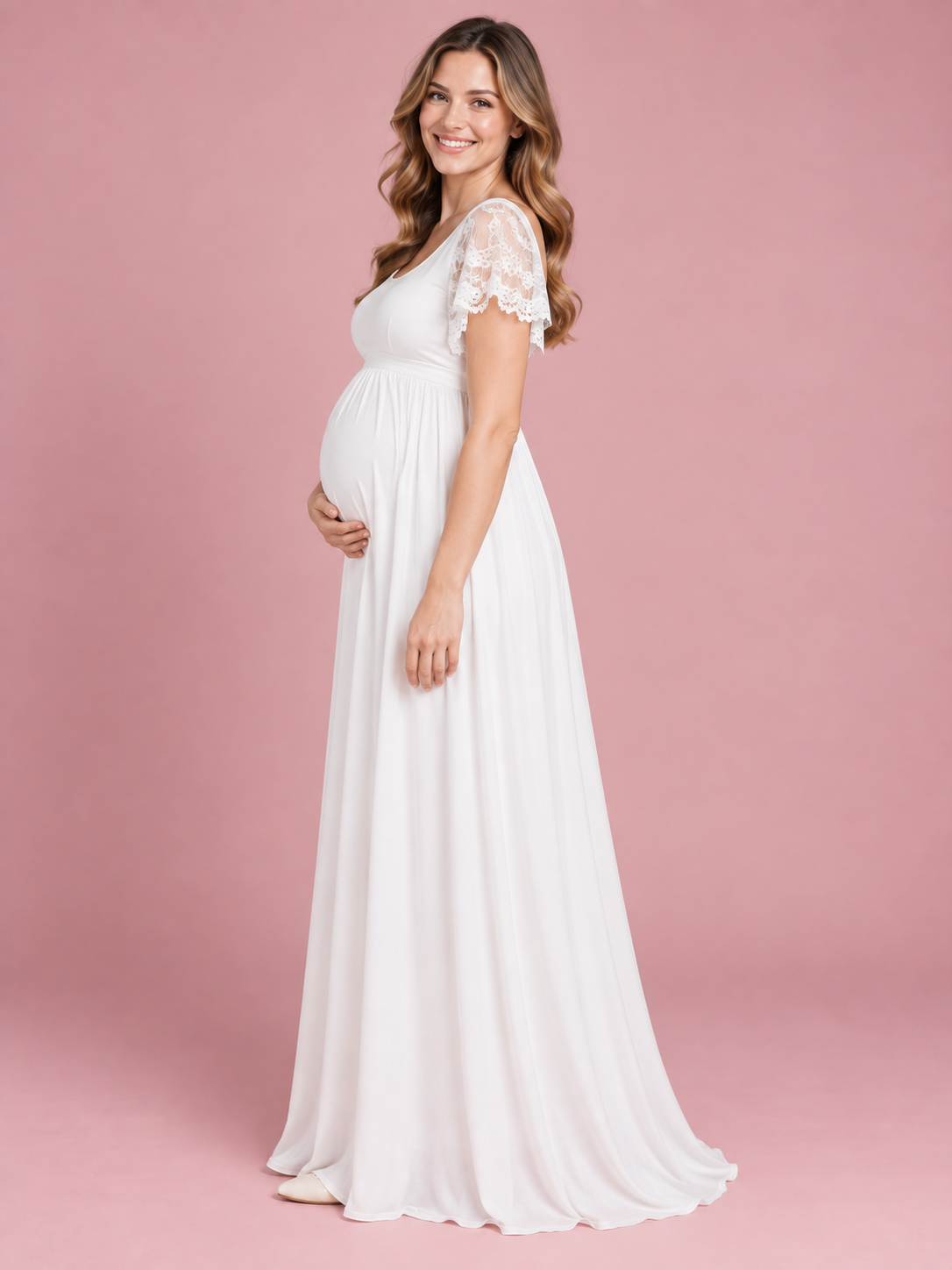 Linnea White maternity dress — side view of the empire waist and maternity silhouette