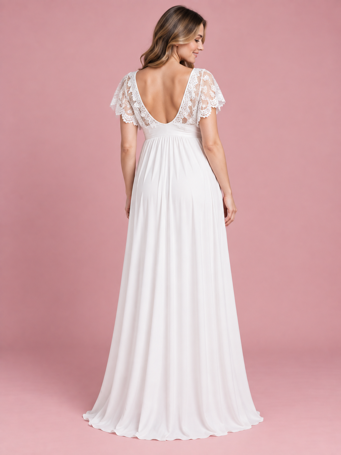 Linnea White maternity dress — back view of the low scoop back framed in lace