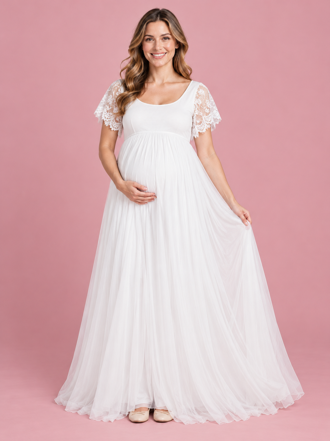 Linnea White maternity dress — gathered floor-length skirt held out at the side