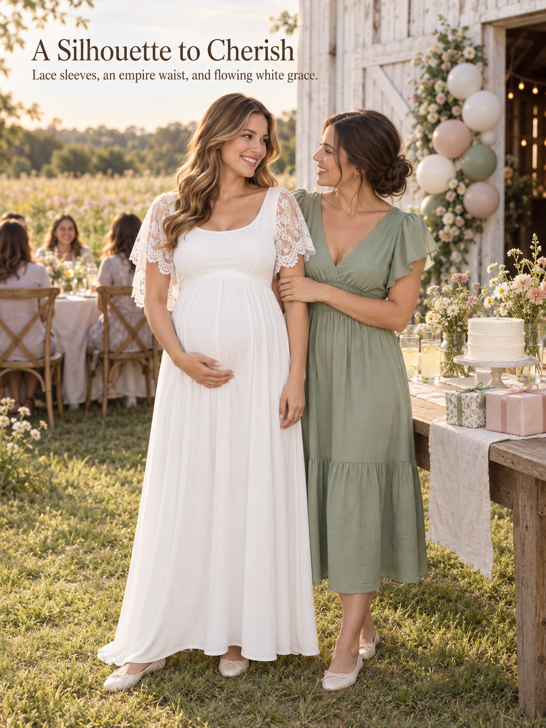 Linnea White maternity dress — full-length look beside a friend at a barn celebration