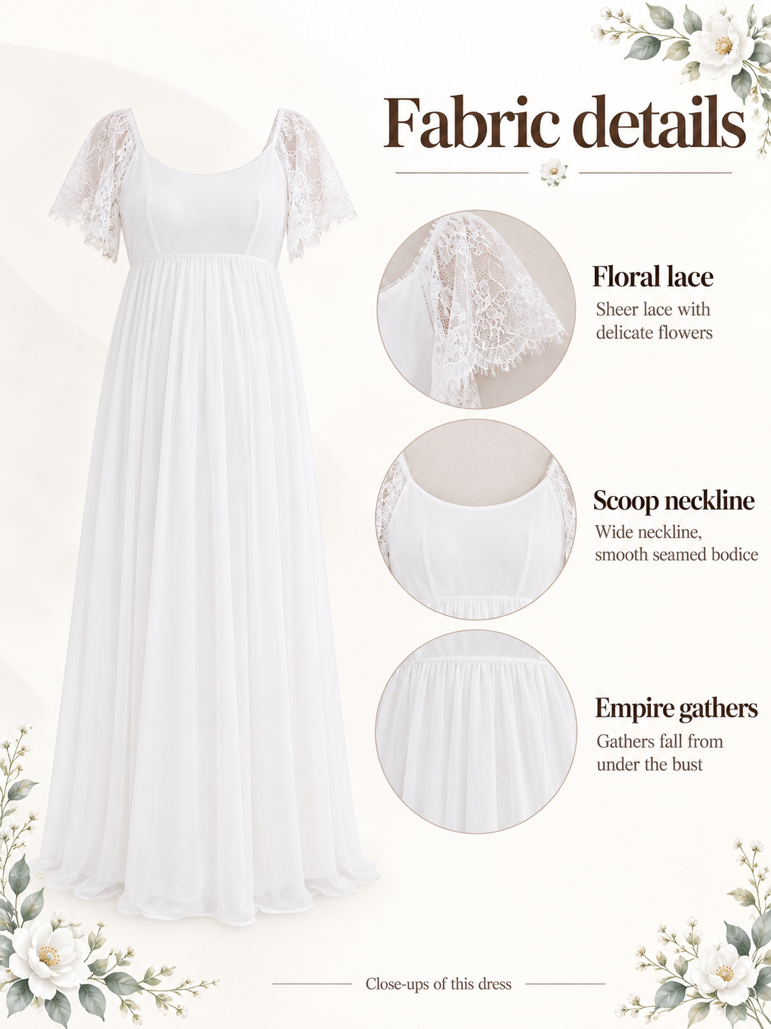 Linnea White maternity dress — material guide showing the floral lace, scoop neckline and gathered skirt