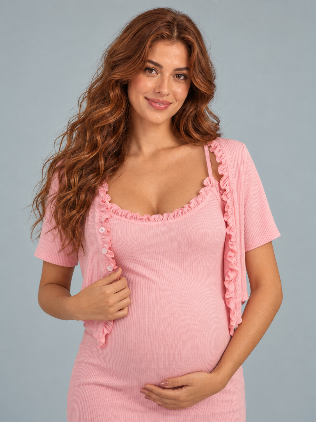Bonnie Soft Pink maternity dress — ruffled scoop neckline and cardigan front edge close-up