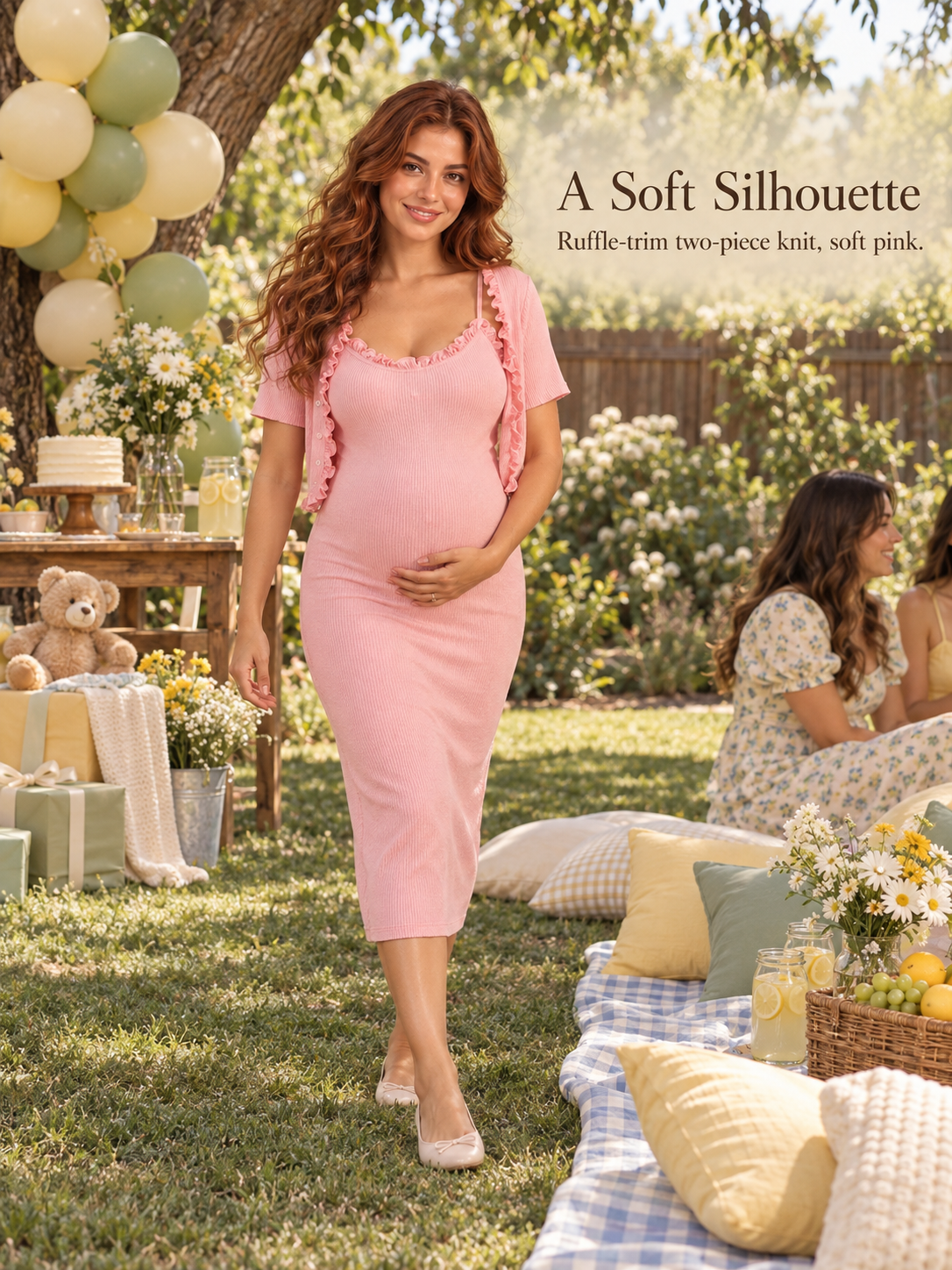 Bonnie Soft Pink maternity dress — walking through a garden party in the two-piece set