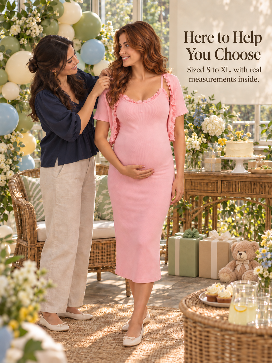 Bonnie Soft Pink maternity dress — a friend helping with the cardigan before the celebration