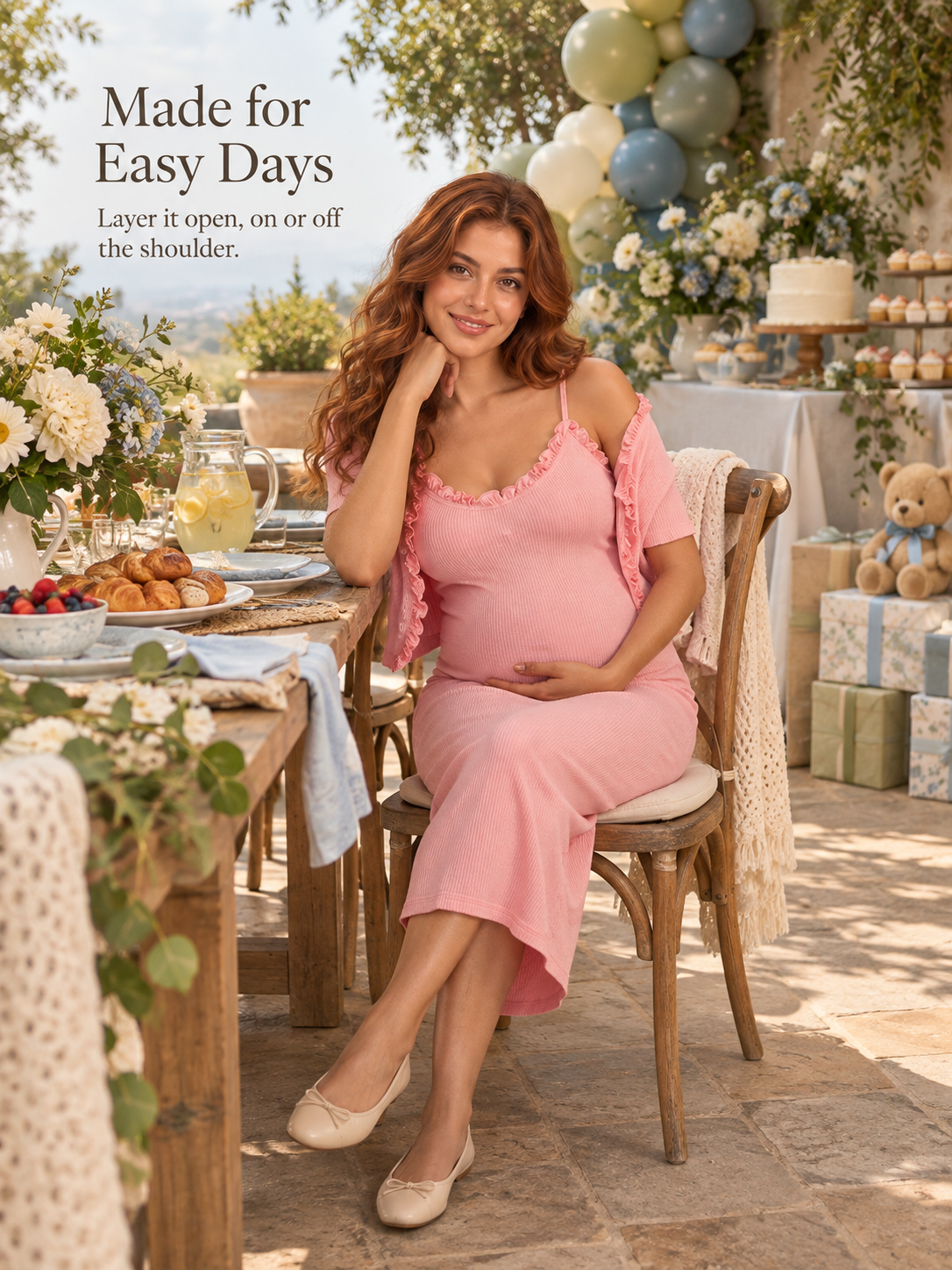 Bonnie Soft Pink maternity dress — seated with the cardigan worn off one shoulder